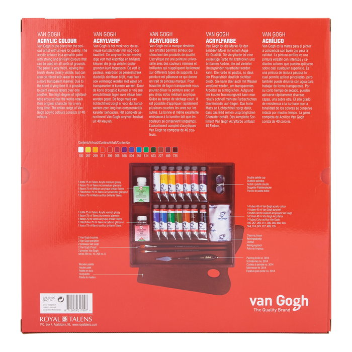 Van Gogh Coffret Inspiration de peintures acryliques avec 14 couleurs et accessoires en caisse en bois Van Gogh Coffret Inspiration de peintures acryliques avec 14 couleurs et accessoires en caisse en bois